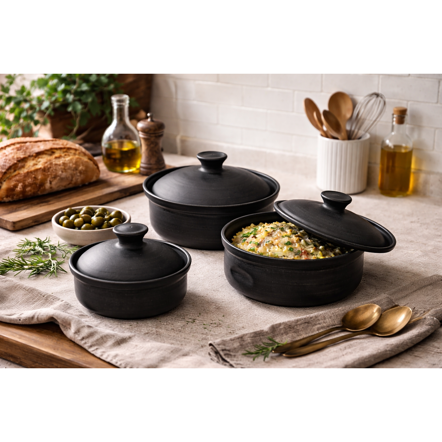 Matte Black Hearth Covered Serving Set — Set of 3