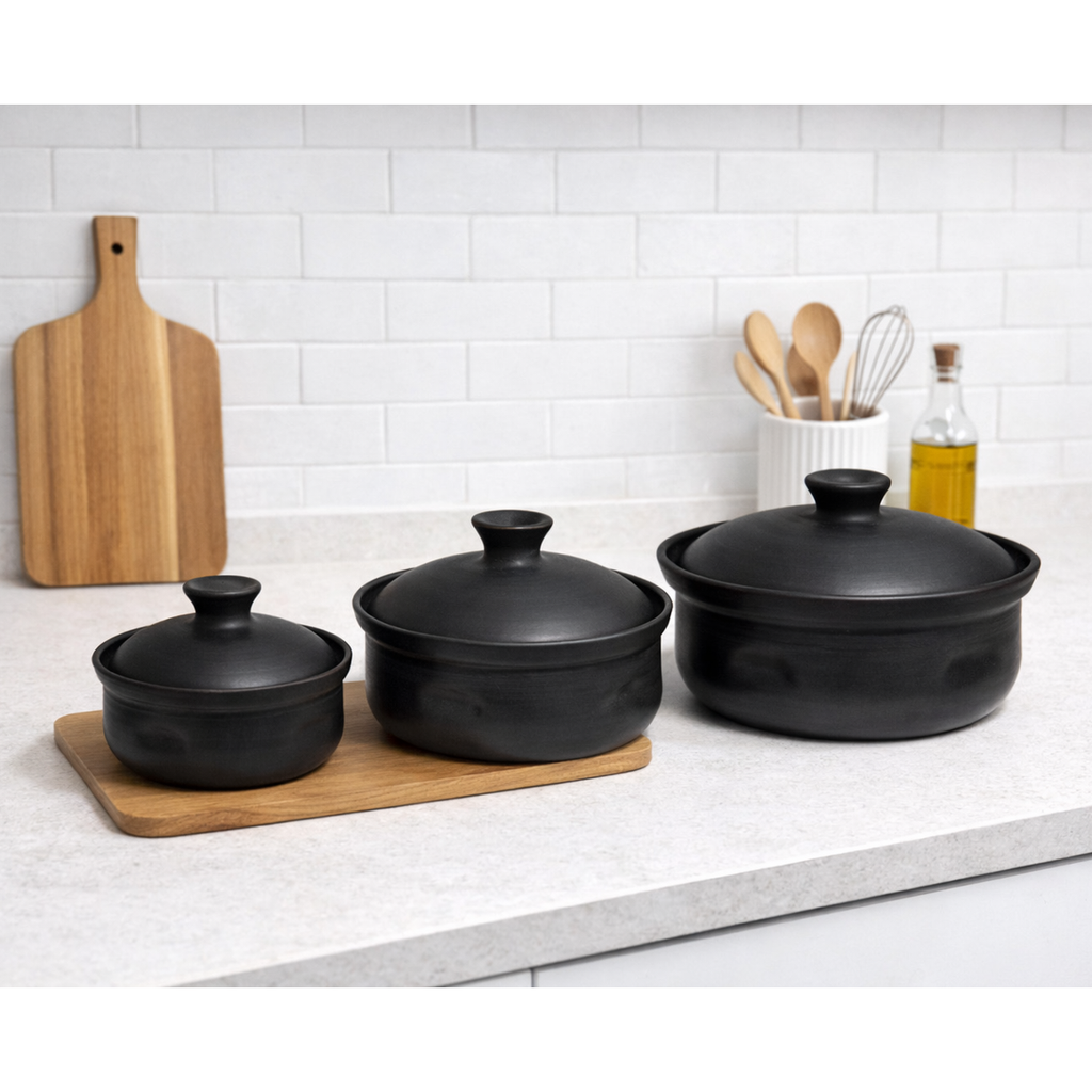 Matte Black Hearth Covered Serving Set — Set of 3