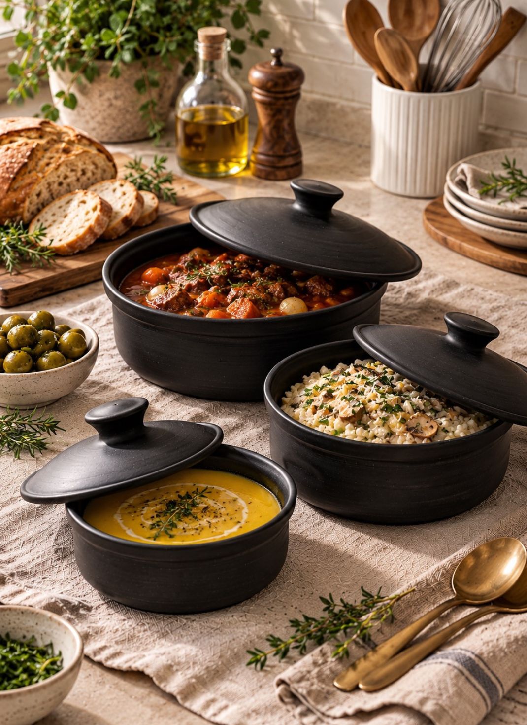 Matte Black Hearth Covered Serving Set — Set of 3