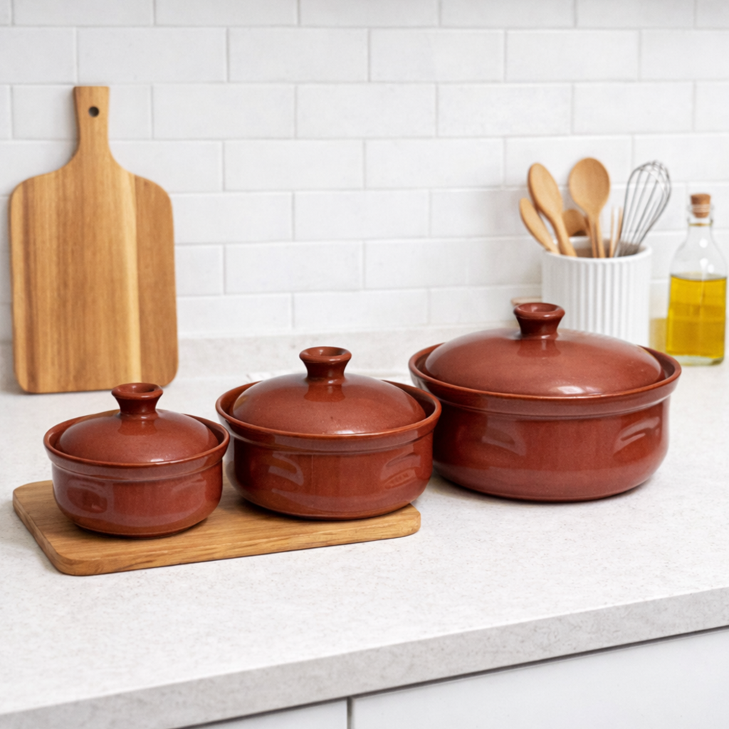 Terracotta Hearth Covered Serving Set — Set of 3